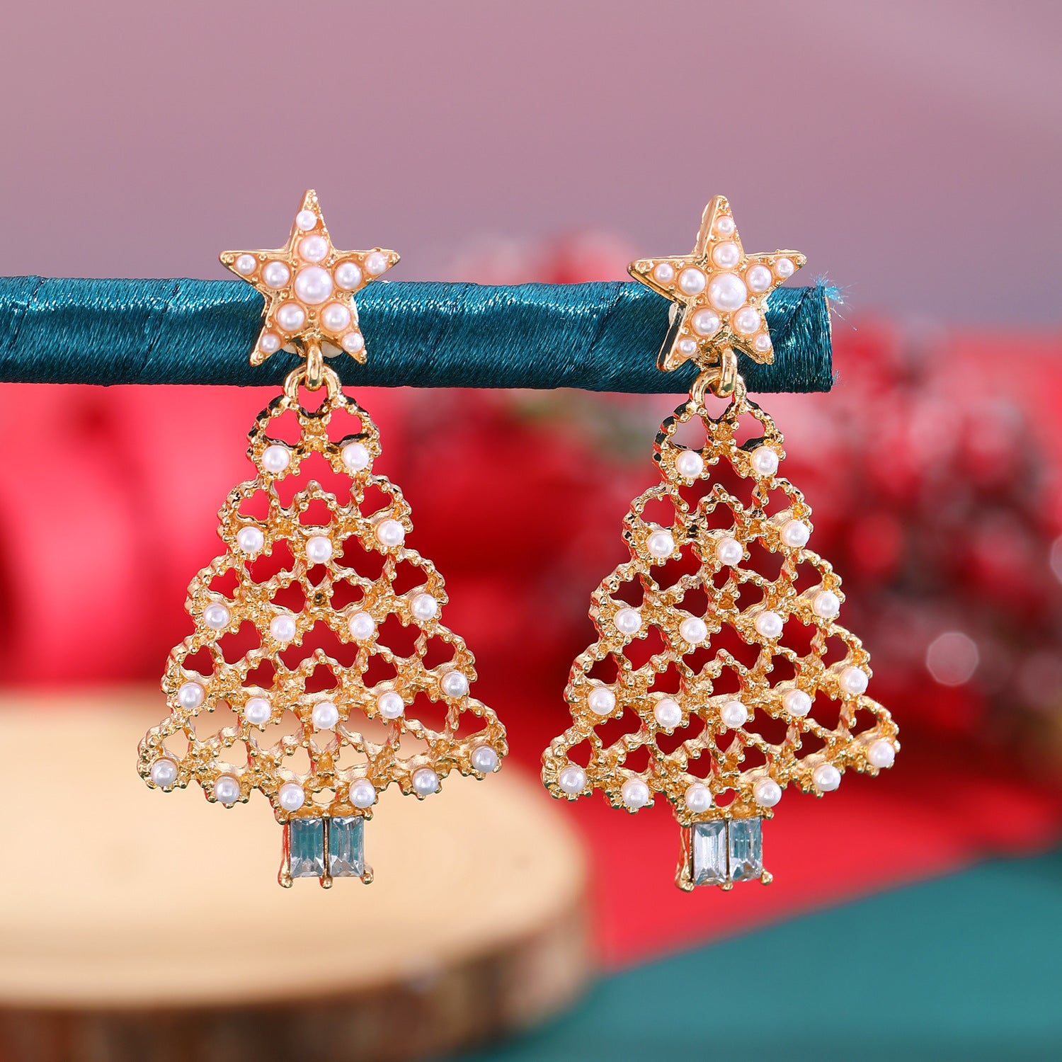 Wholesale Diamond-encrusted Christmas tree earrings